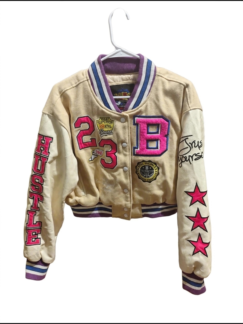 RED FOX Brand Beige HUSTLE 23 Varsity Letterman Jacket Womens XL Cropped Y2K